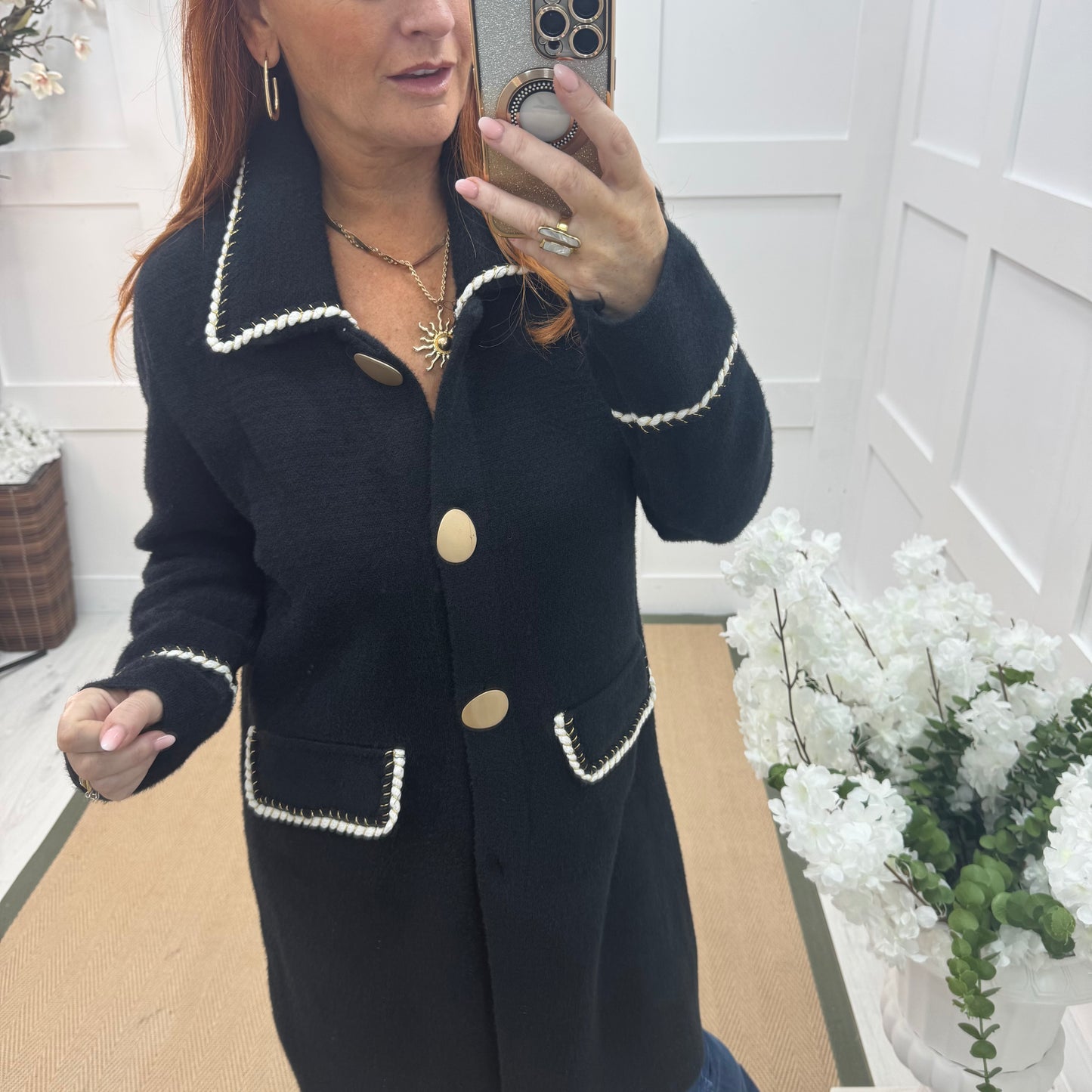 Ivy: Black gold button long coatigan. One size 10-16