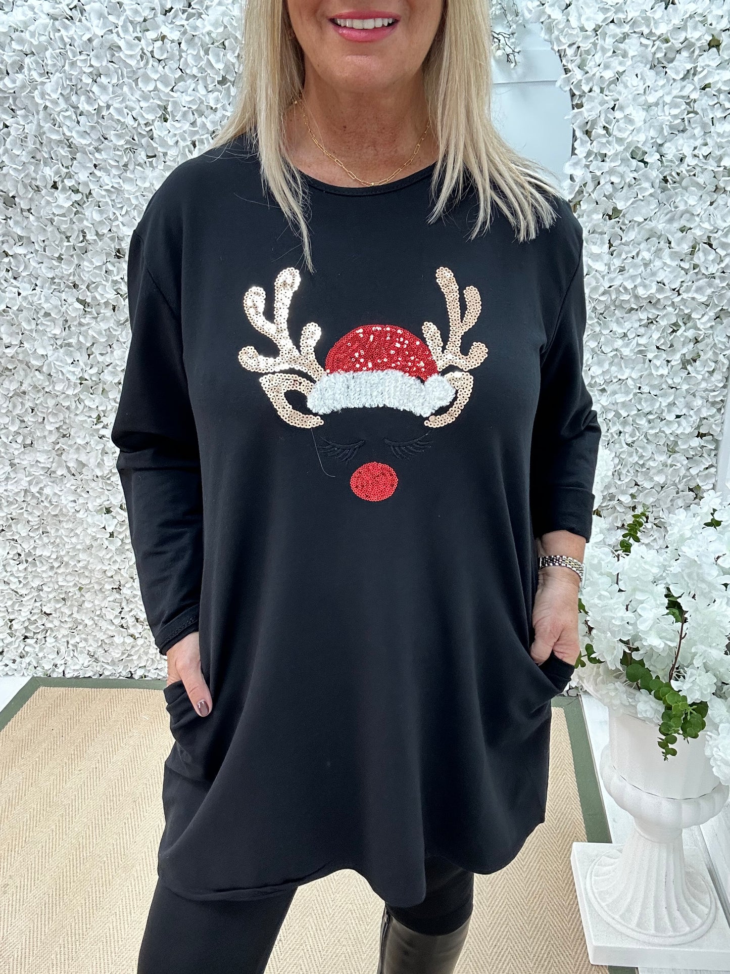 Vixen: Black reindeer oversized top. One size: 16-20