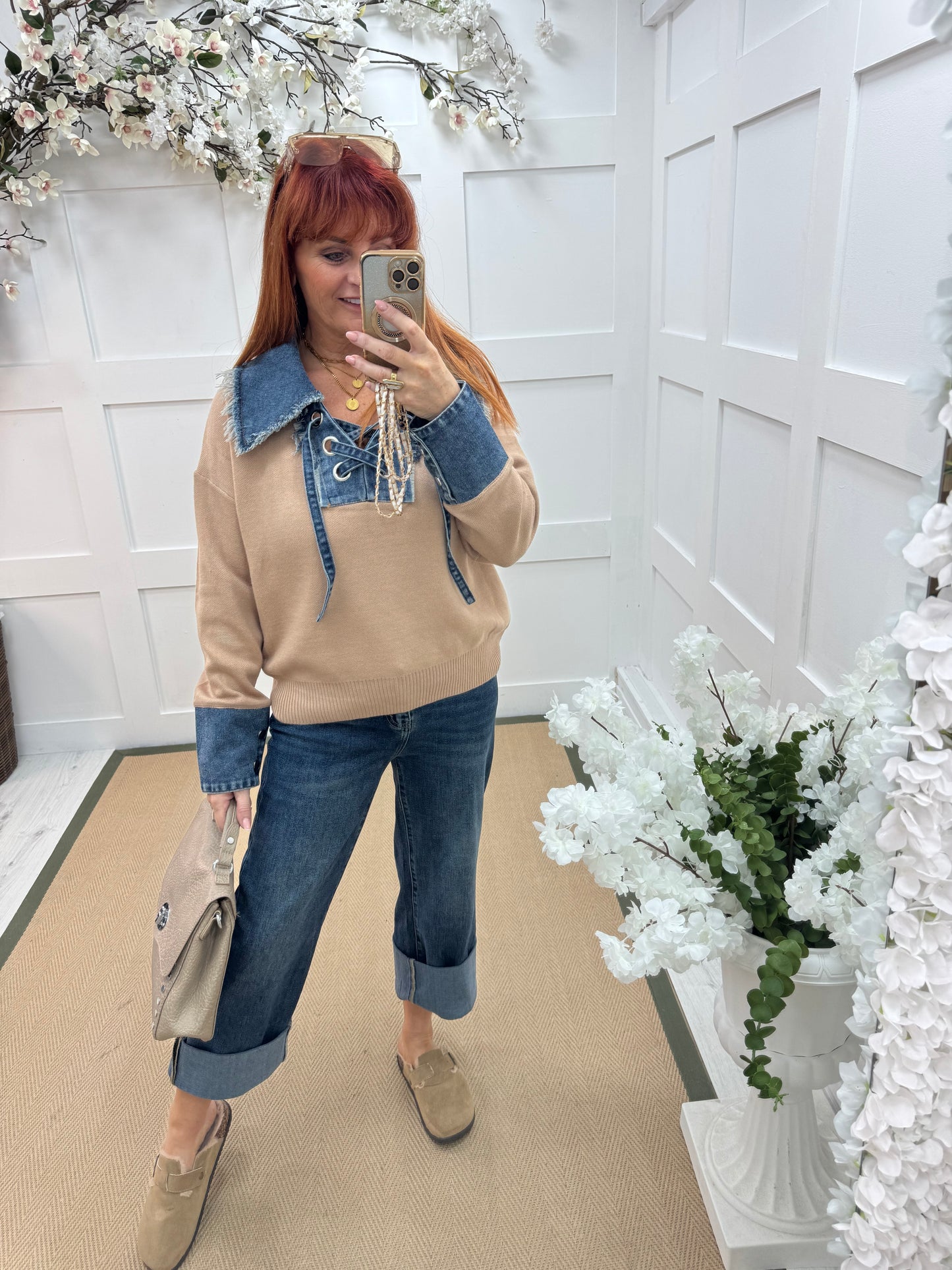 Malin: Sand denim collar long sleeve top. One size: 12-18