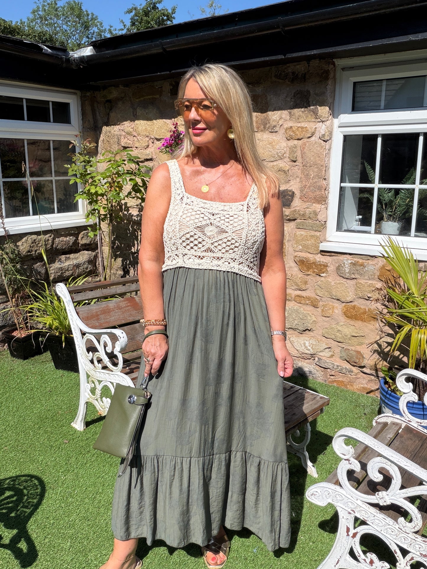 Carly: Cream crochet top maxi dress. One size: 10-16. 3 colours