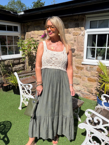 Carly: Cream crochet top maxi dress. One size: 10-16. 3 colours