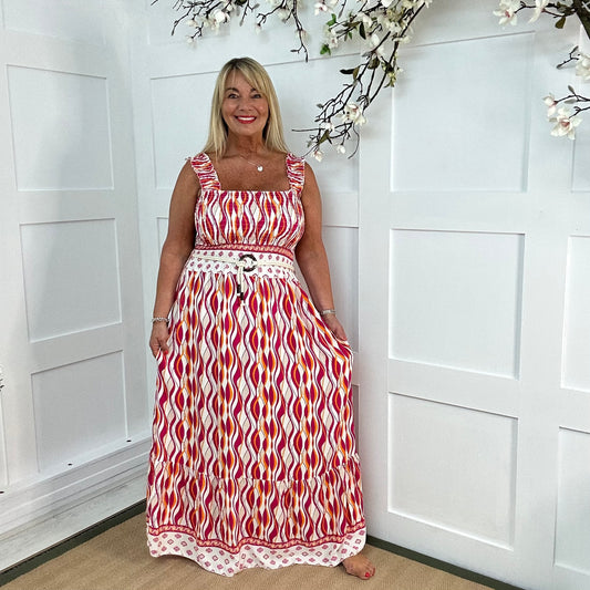 Katie: Pink & orange print maxi dress. One size 12-18