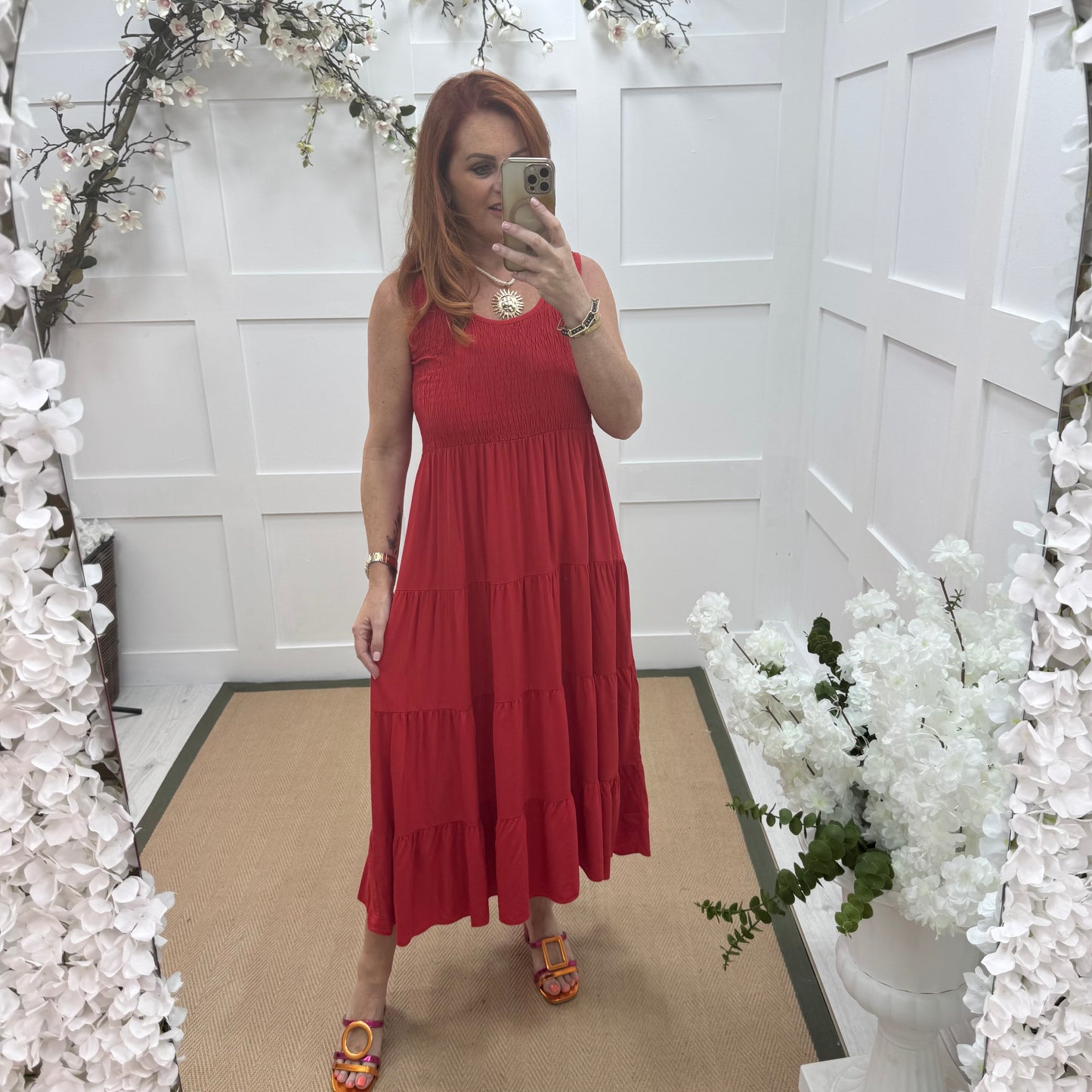 Melody: Red shirred midi dress. One size: 12-18
