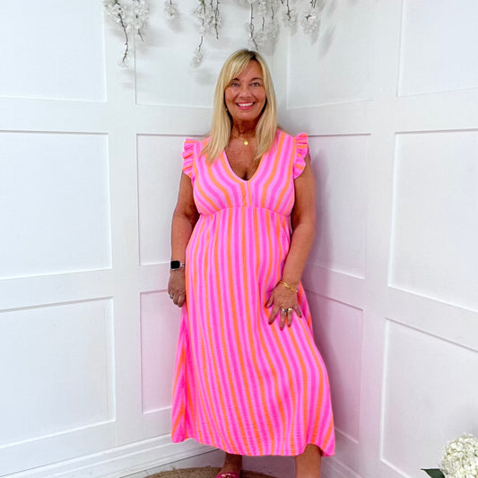Roman: Neon pink & orange stripe midi dress. One size: 12-18