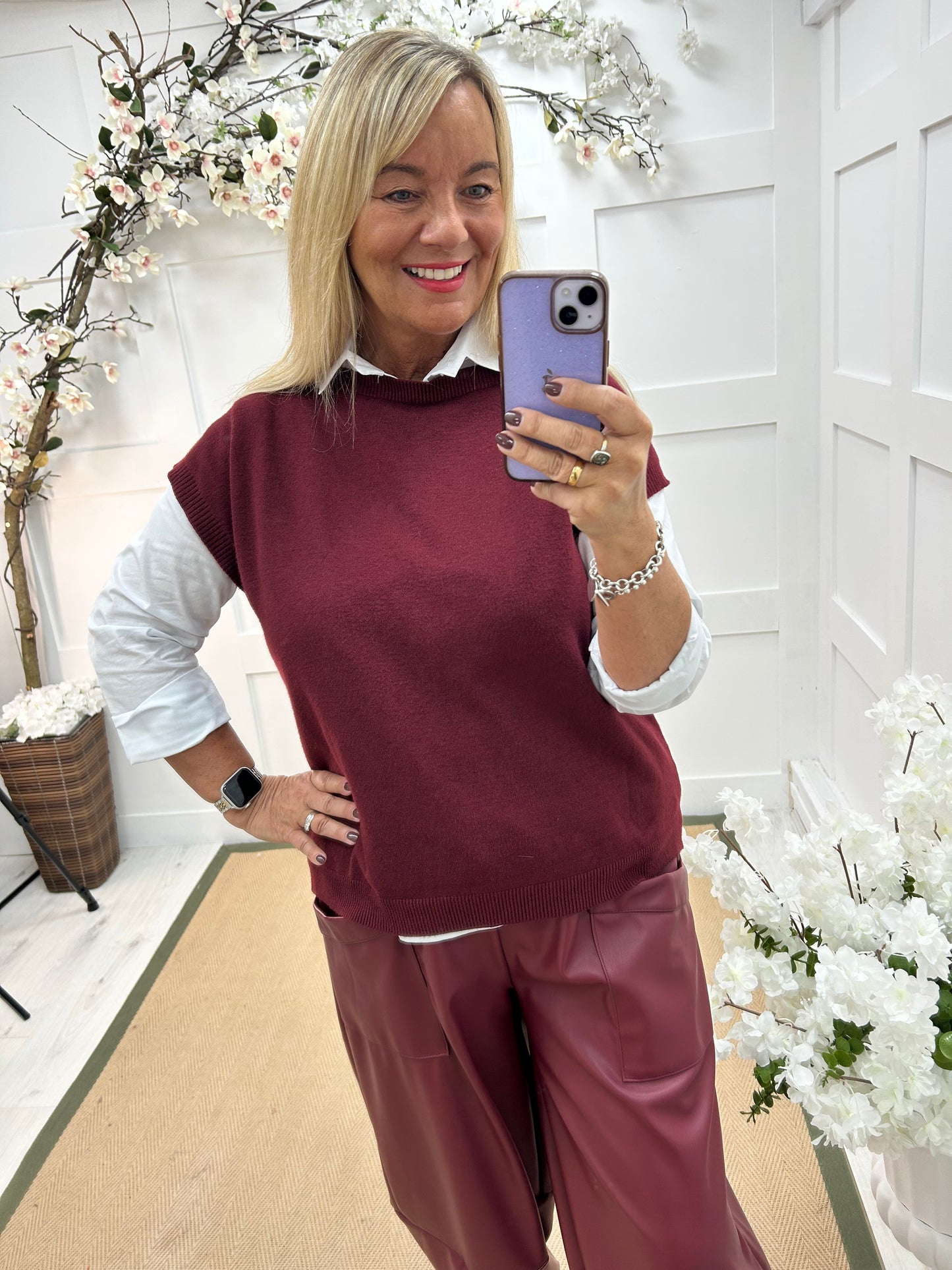 Lavina: Burgundy shirt layered knit. One Size: 10-18