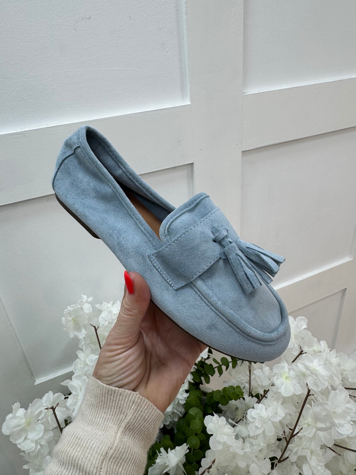 Lula: Powder blue suedette loafer. Sizes: 3-8