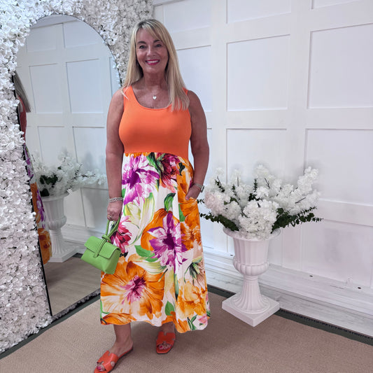 Hallie: Orange multi floral vest dress. One size 10-18