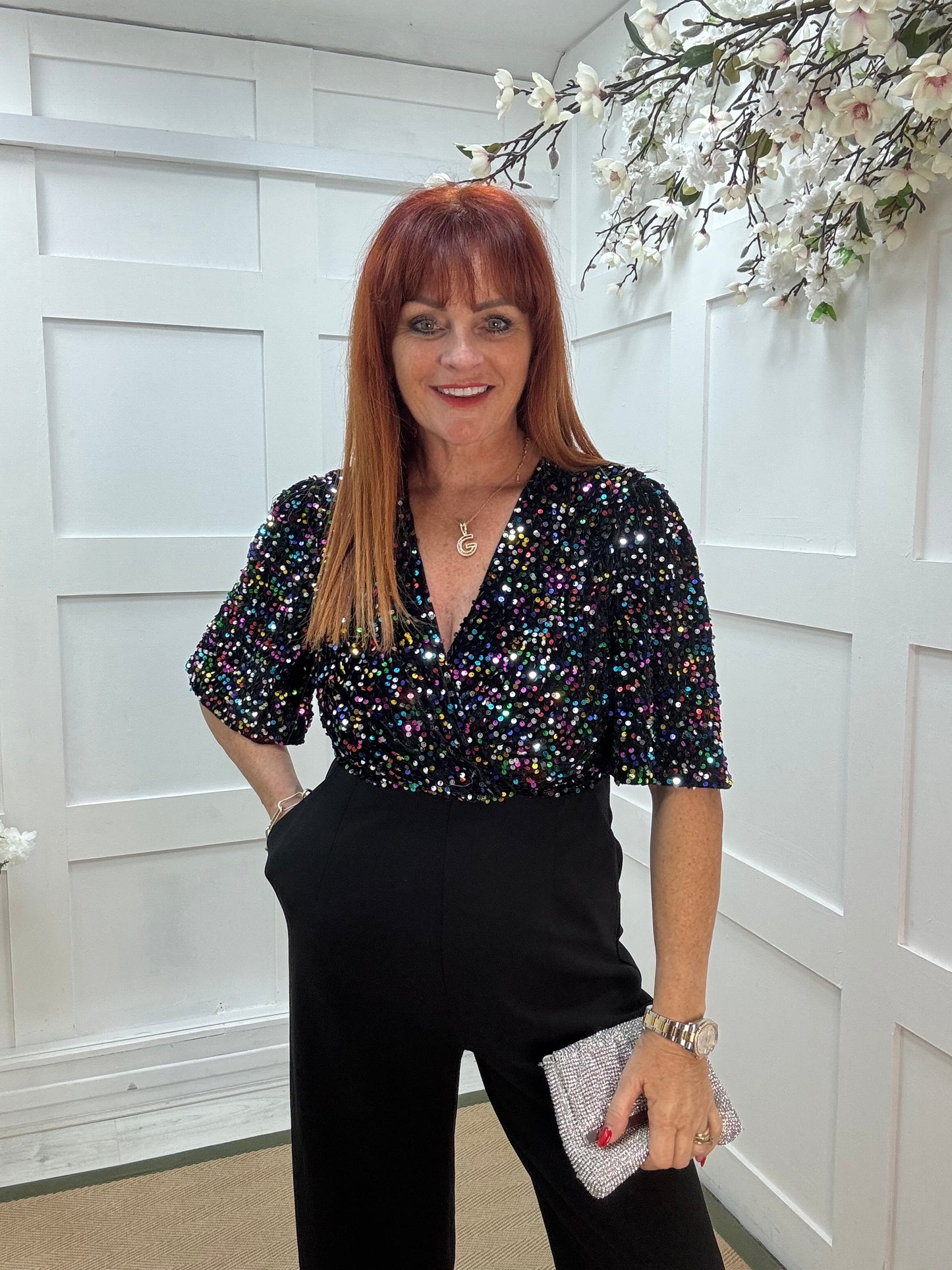 Delphine: Multicoloured velvet sequin wide leg jumpsuit. Sizes 8-12