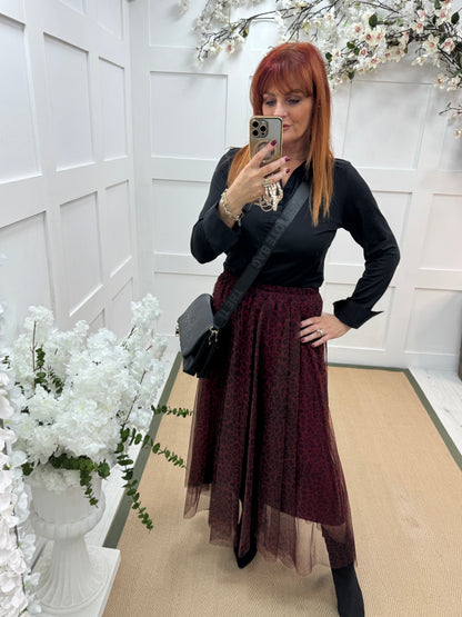 Maeve: Burgundy leopard print tulle net midi skirt. One size 12-20