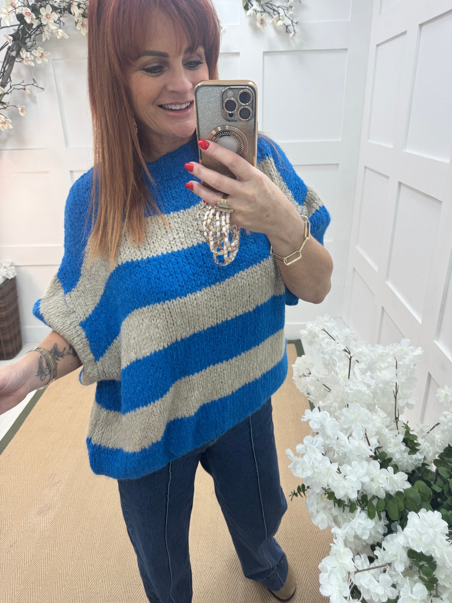 Mabel: Beige & cobalt slouchy jumper. One size 12-18/20