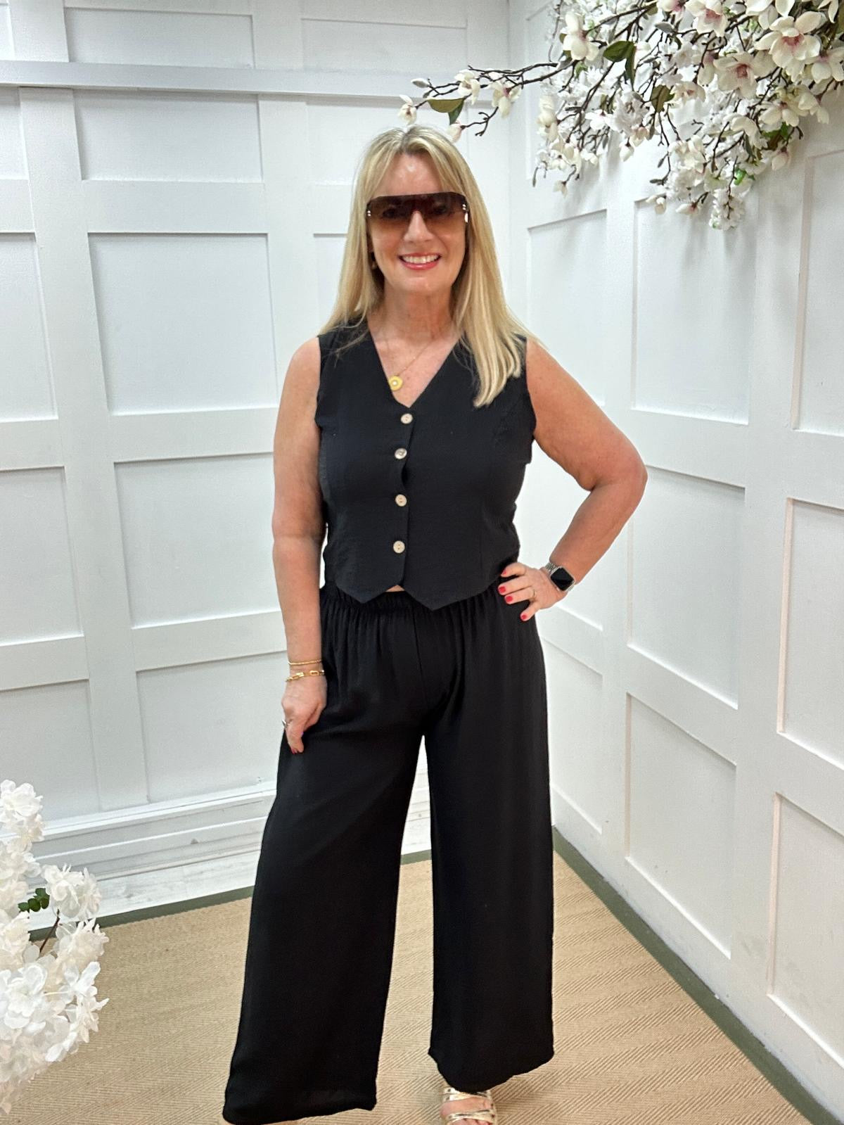 Cody: Black waistcoat two piece trouser set. One size: 12-16