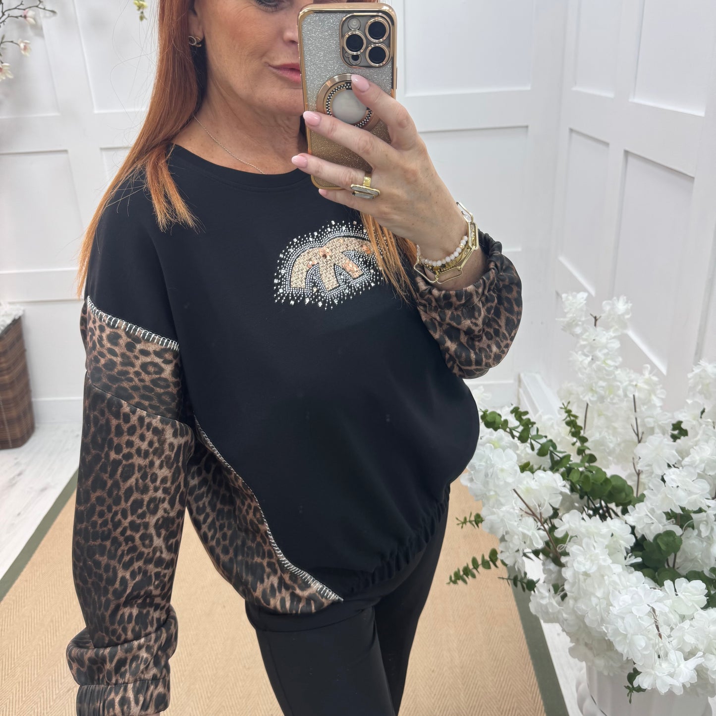 Maya: Black leopard print diamanté logo sweatshirt. One size: 14-18
