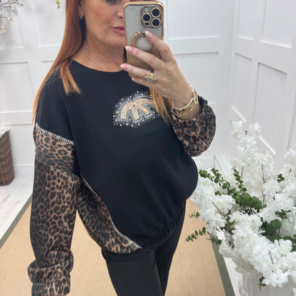 Maya: Black leopard print diamanté logo sweatshirt. One size: 14-18