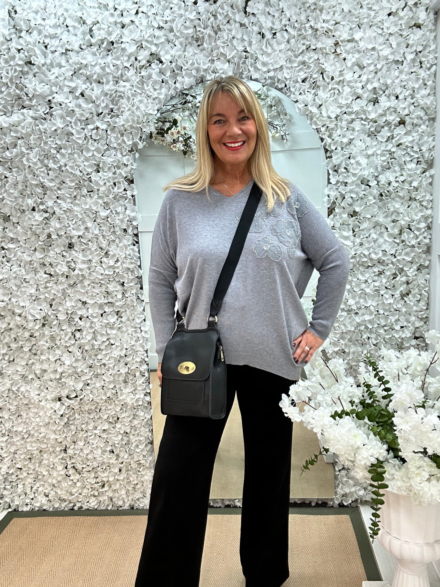 Claudia: Grey longline floral detail knit. One size: 14-20