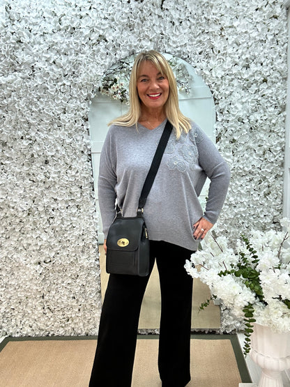 Claudia: Grey longline floral detail knit. One size: 14-20