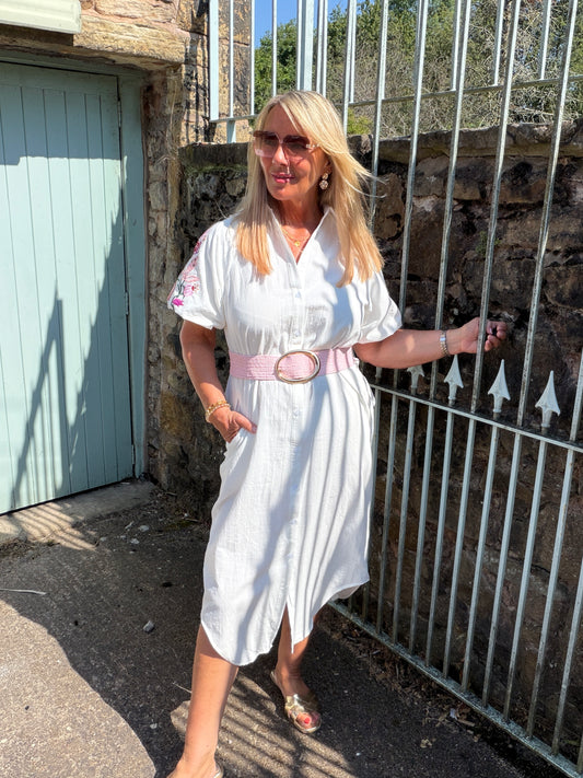 Dixi: White embroidered sleeve shirt dress. One size: 12-16