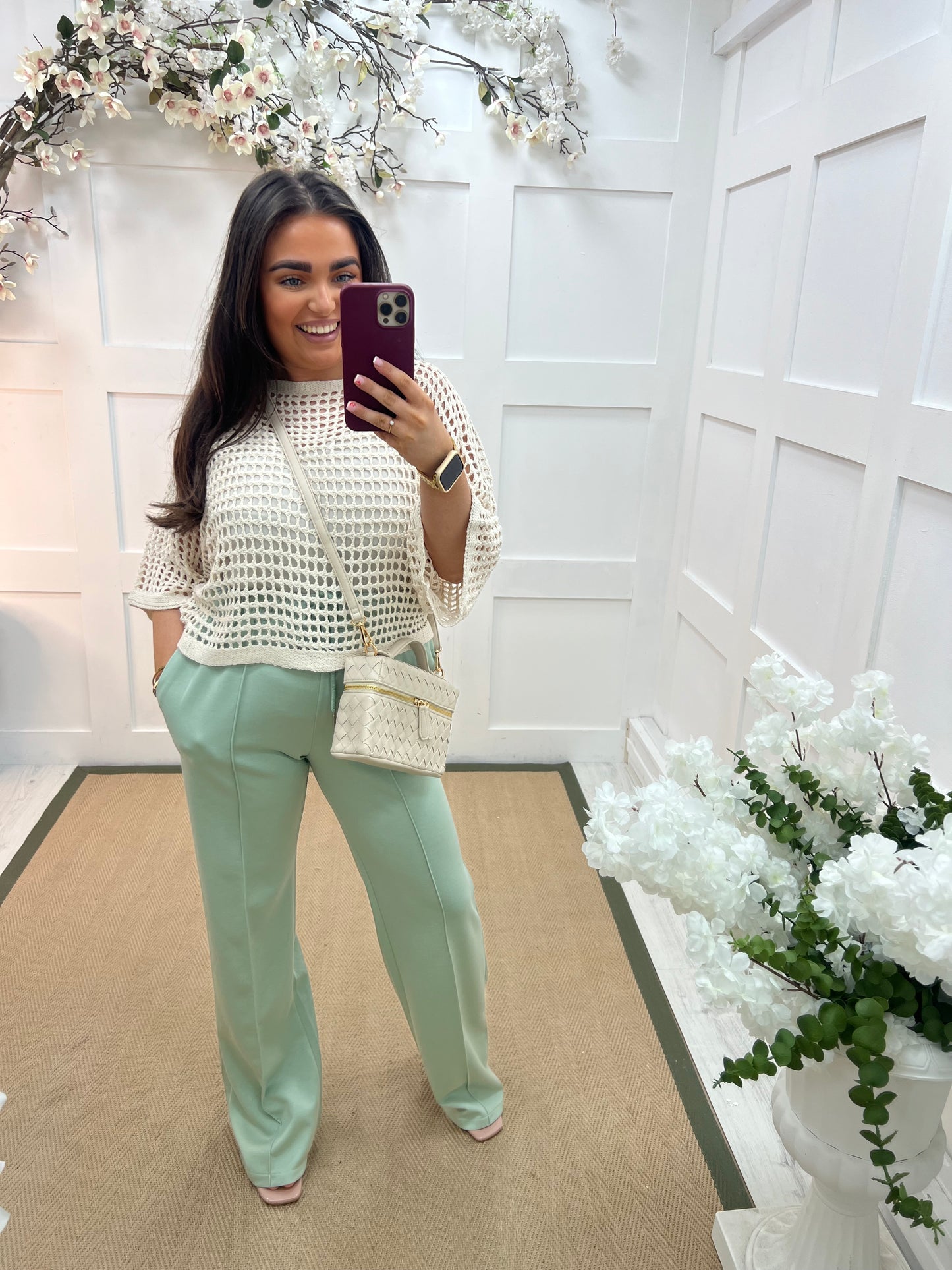 Holly: Stone 3/4 sleeve holey open knit top. One Sz: 14-18