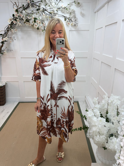 Daniella: Brown & white leaf print V neck midi dress. One size: 16-20