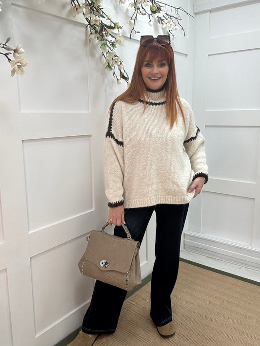 Sonia: Cream & brown slouchy jumper. One size 14-18