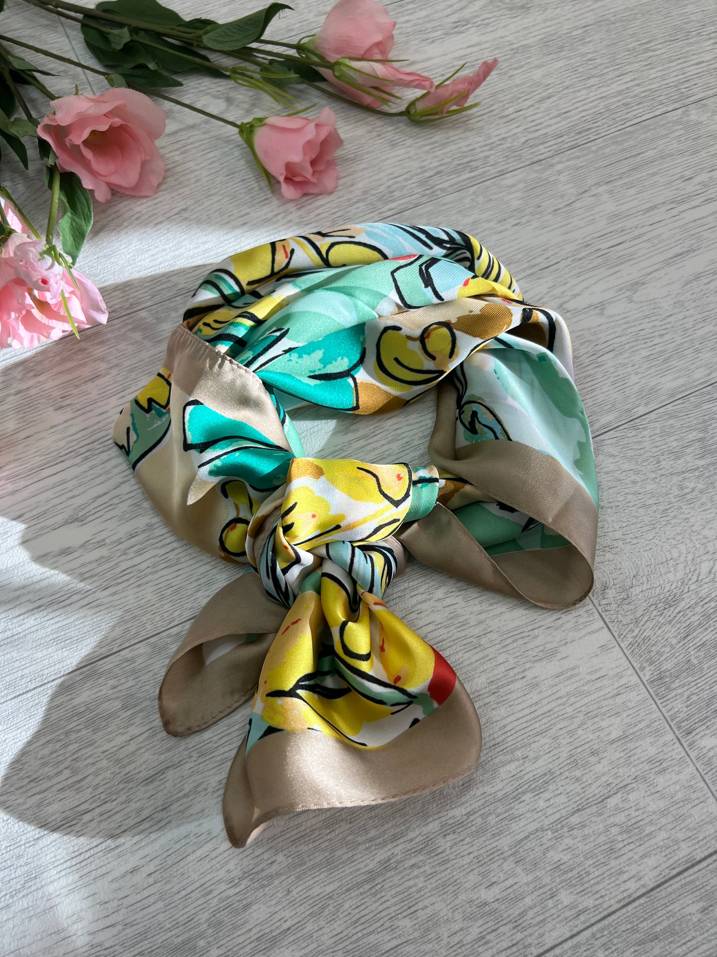 Tanvi: Tropical leaf print silky neck scarf. 3 colours