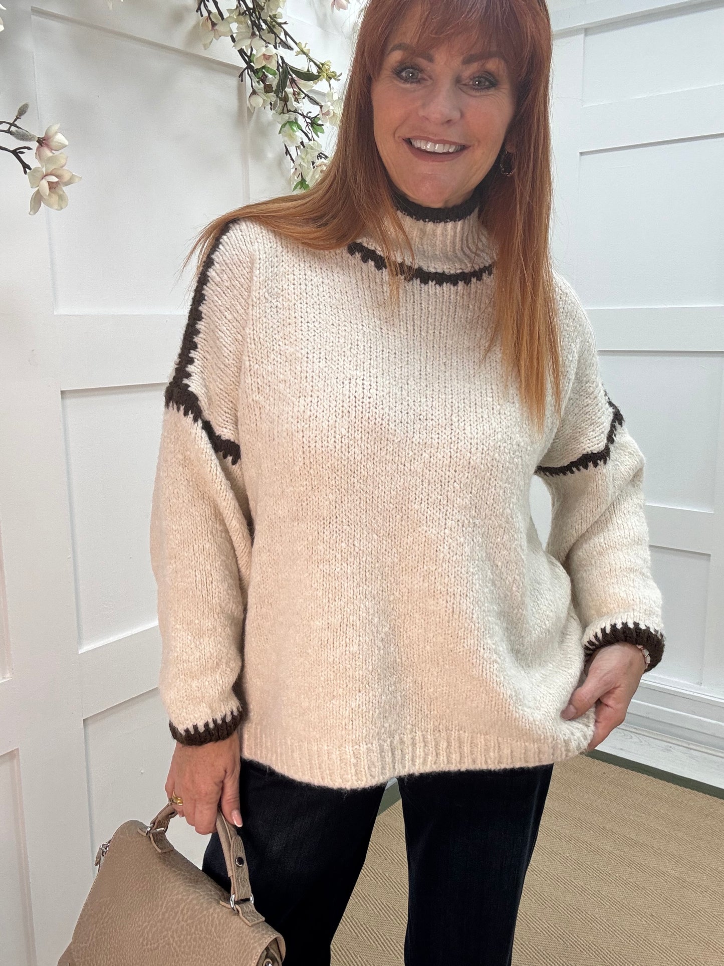 Sonia: Cream & brown slouchy jumper. One size 14-18