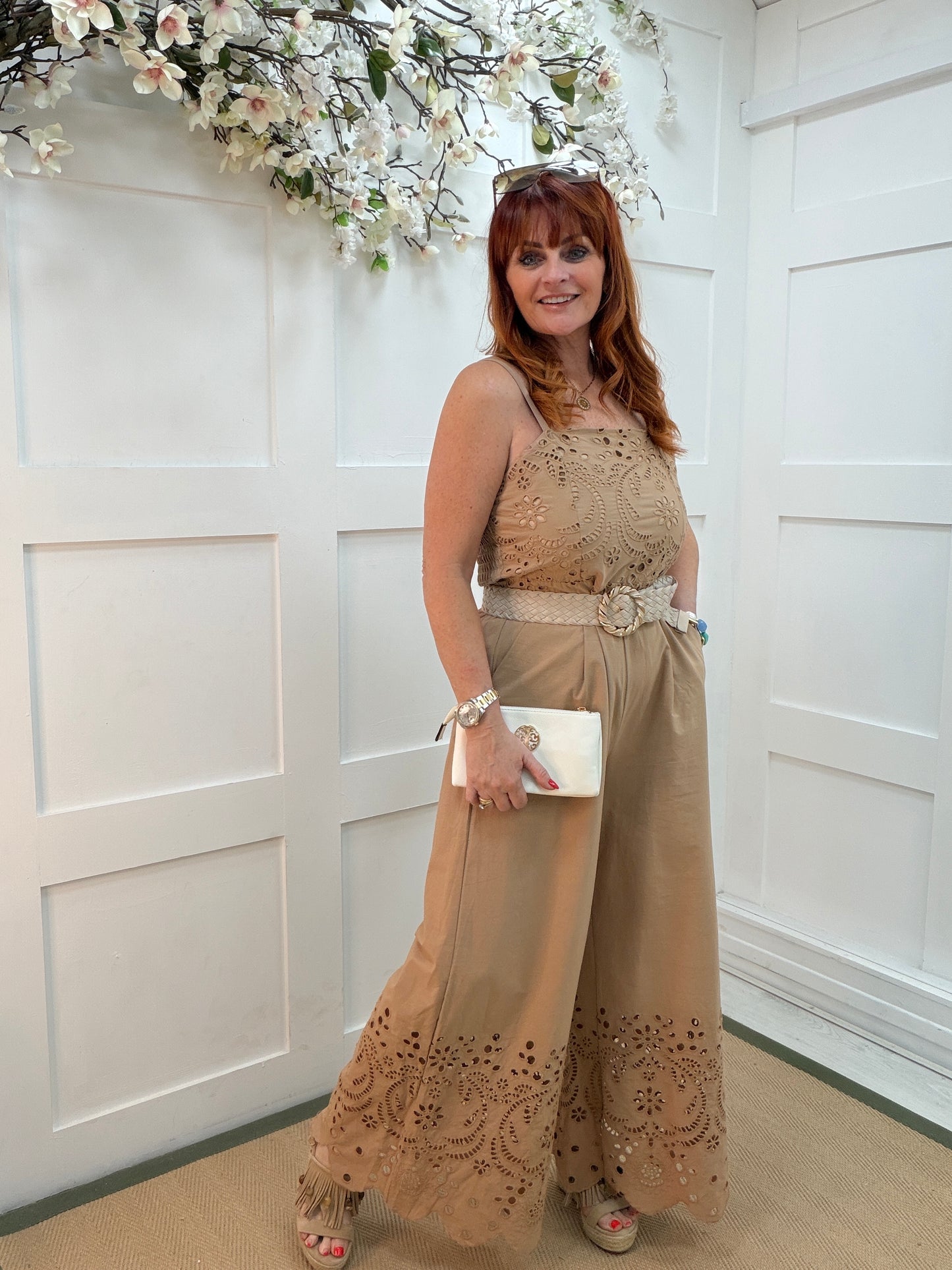 Allegra: Camel Broderie Anglaise wide leg jumpsuit. 2 sizes