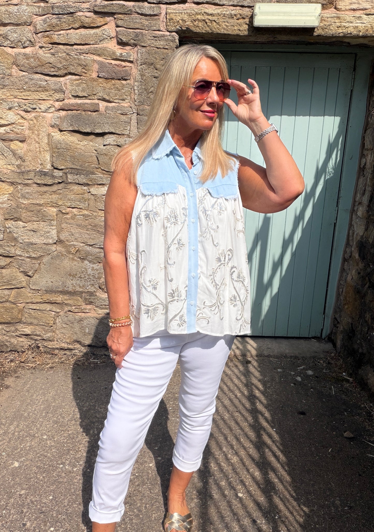 Summer: Blue denim sequin shirt. One size: 12-18
