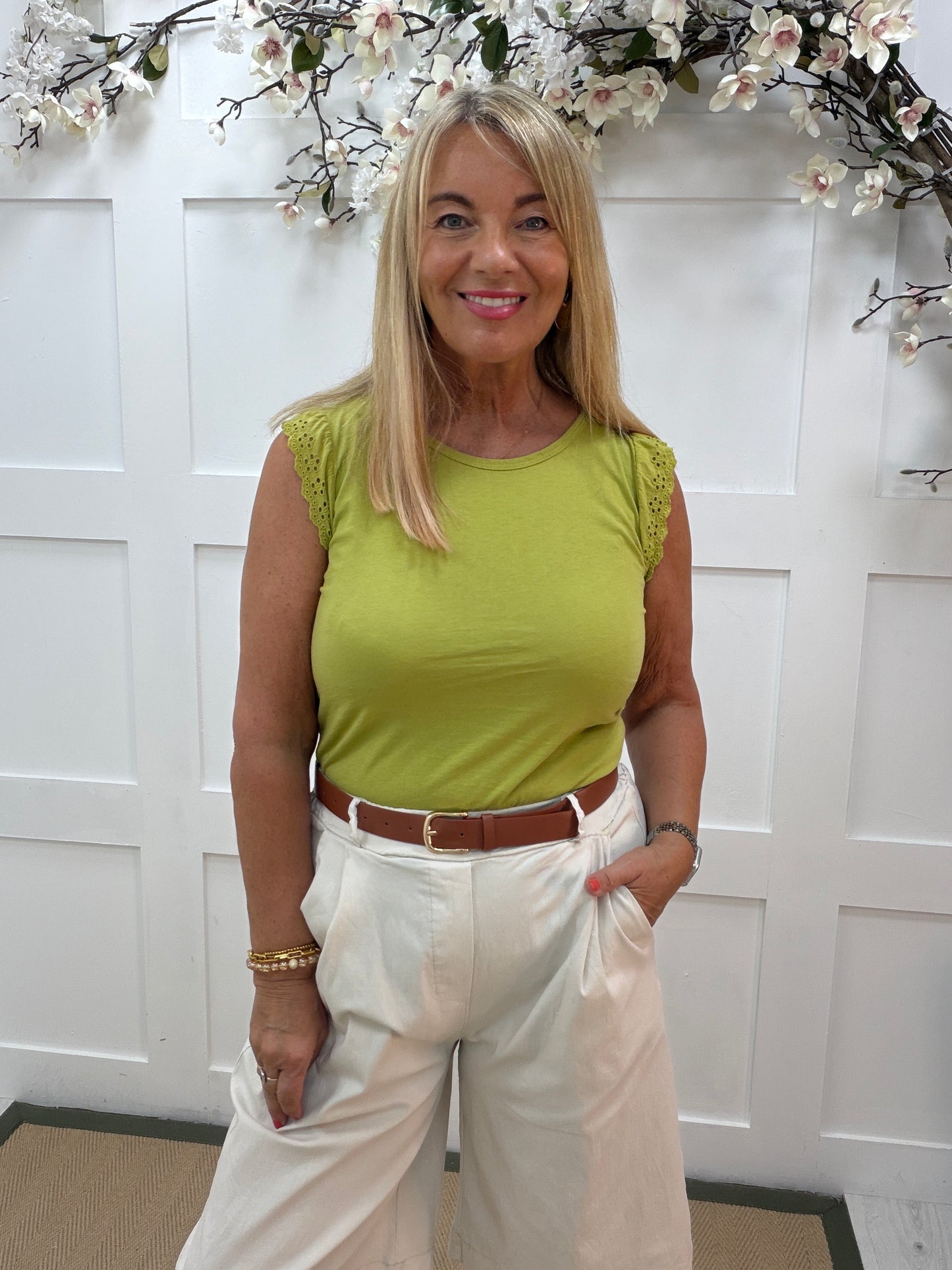 Kiki: Broderie anglaise flutter sleeve top. One size: 10-16. 3 colours