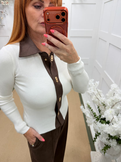 Beau: Ivory & brown gold button knit top. 2 sizes.