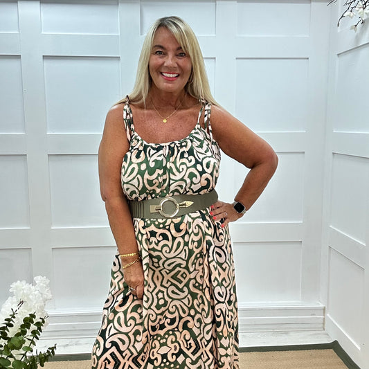Kandi: Khaki abstract print strappy maxi dress. One size 16-22