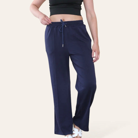 Trudy: Navy stretchy wide leg pocket trousers. 2 sizes