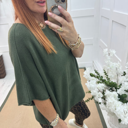 Carys: Khaki short knitted top. One size: 12-18