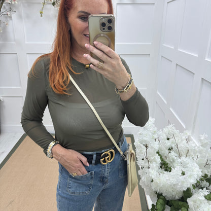 Romy: Khaki sheer mesh top. One Sz: 12-18