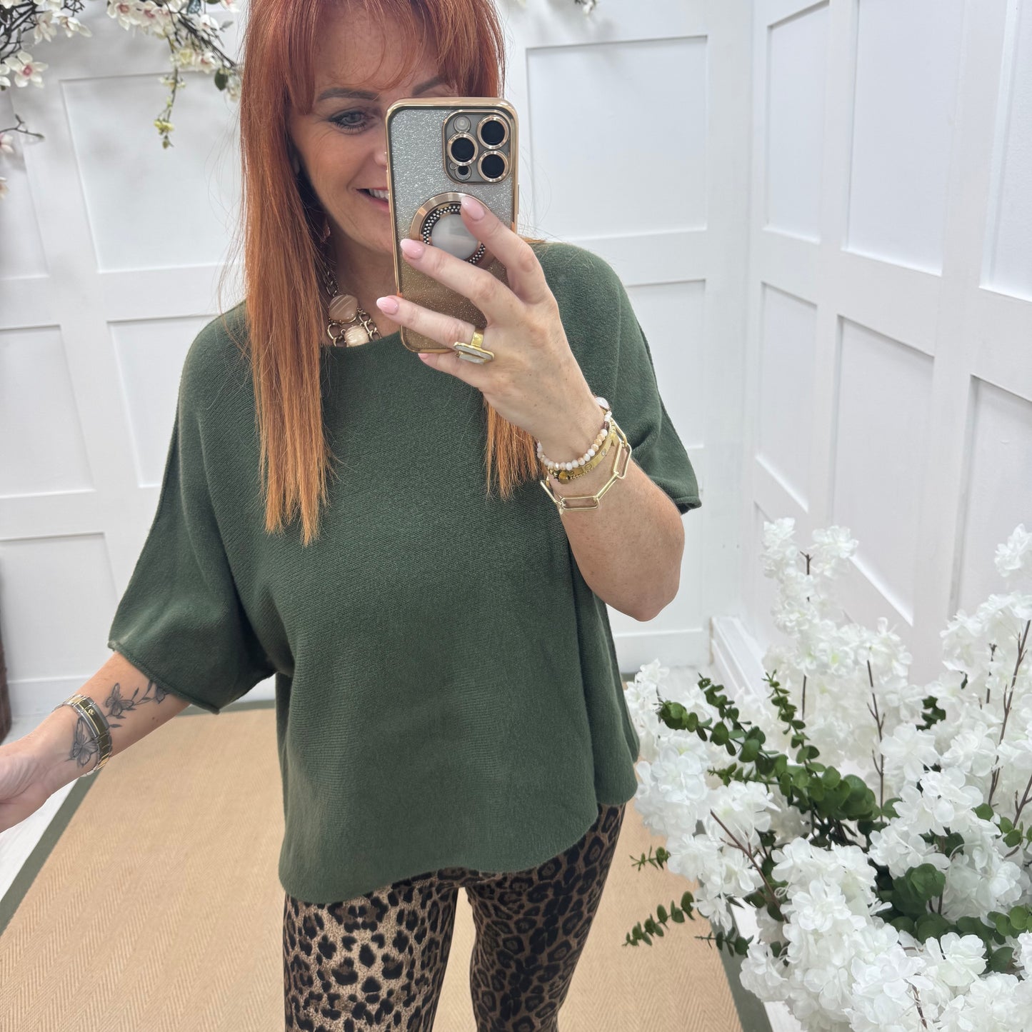 Carys: Khaki short knitted top. One size: 12-18