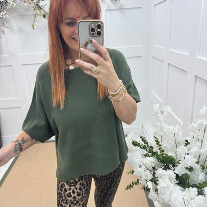 Carys: Khaki short knitted top. One size: 12-18