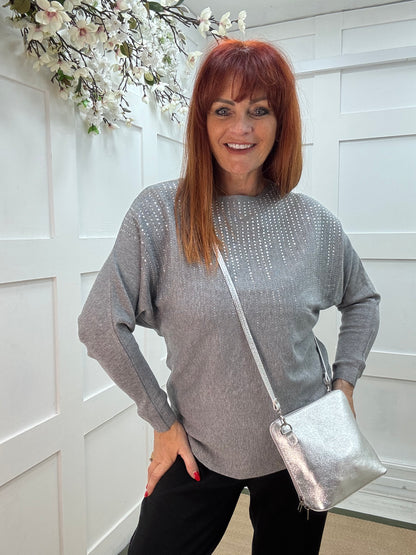 Arabella: Grey diamanté long sleeve top. One size: 12-16