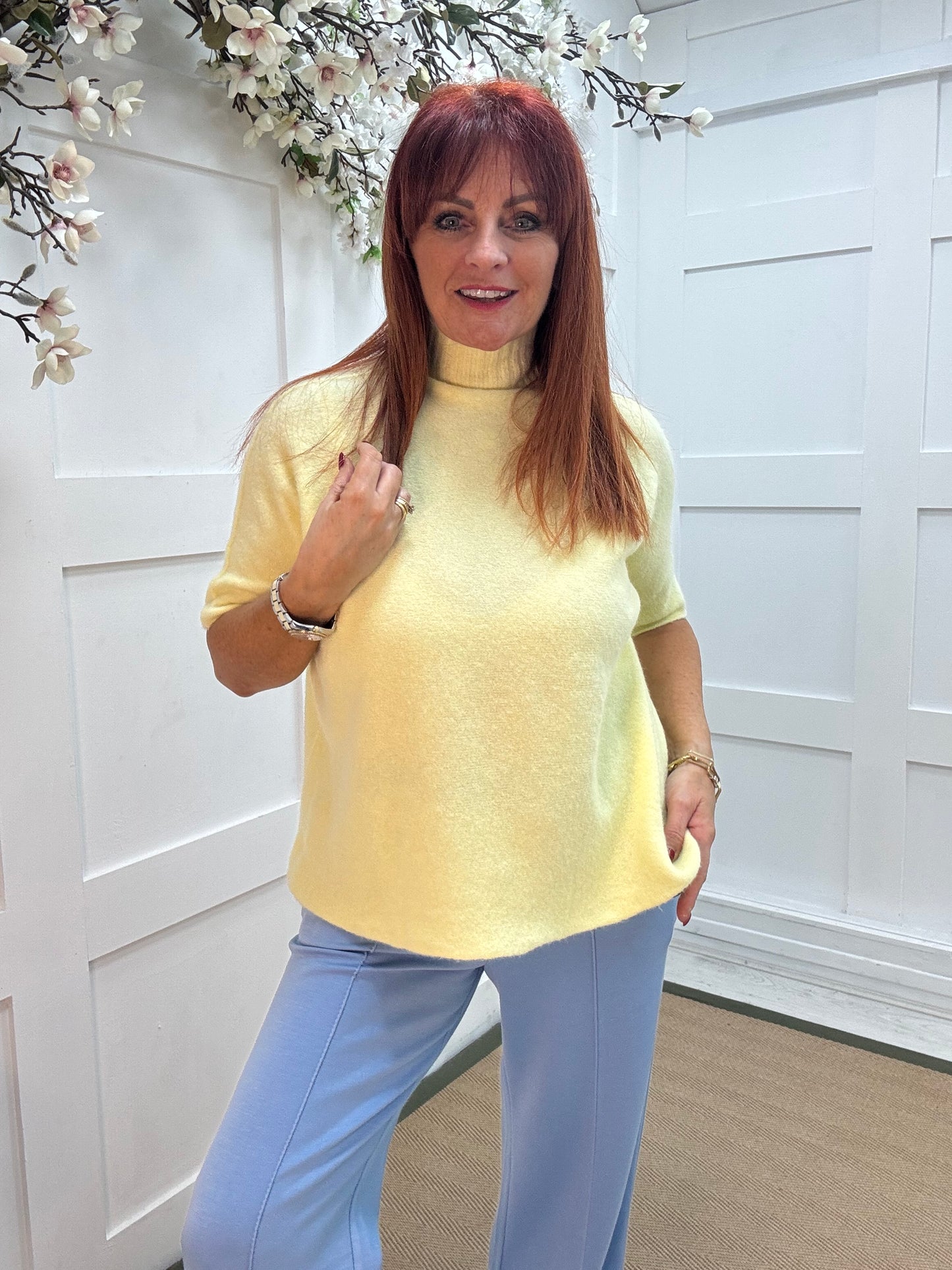 Goldie: Lemon short sleeve knitted top. One size: 10-16