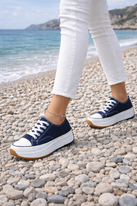 Kendra: Navy & white platform trainers. Sizes: 3-8 (available from 5th March)