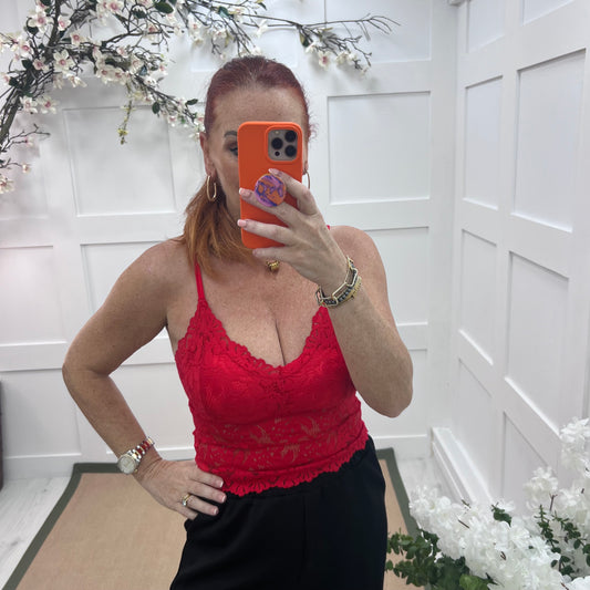 Fifi: Red strappy lace bralette. One size 8-12