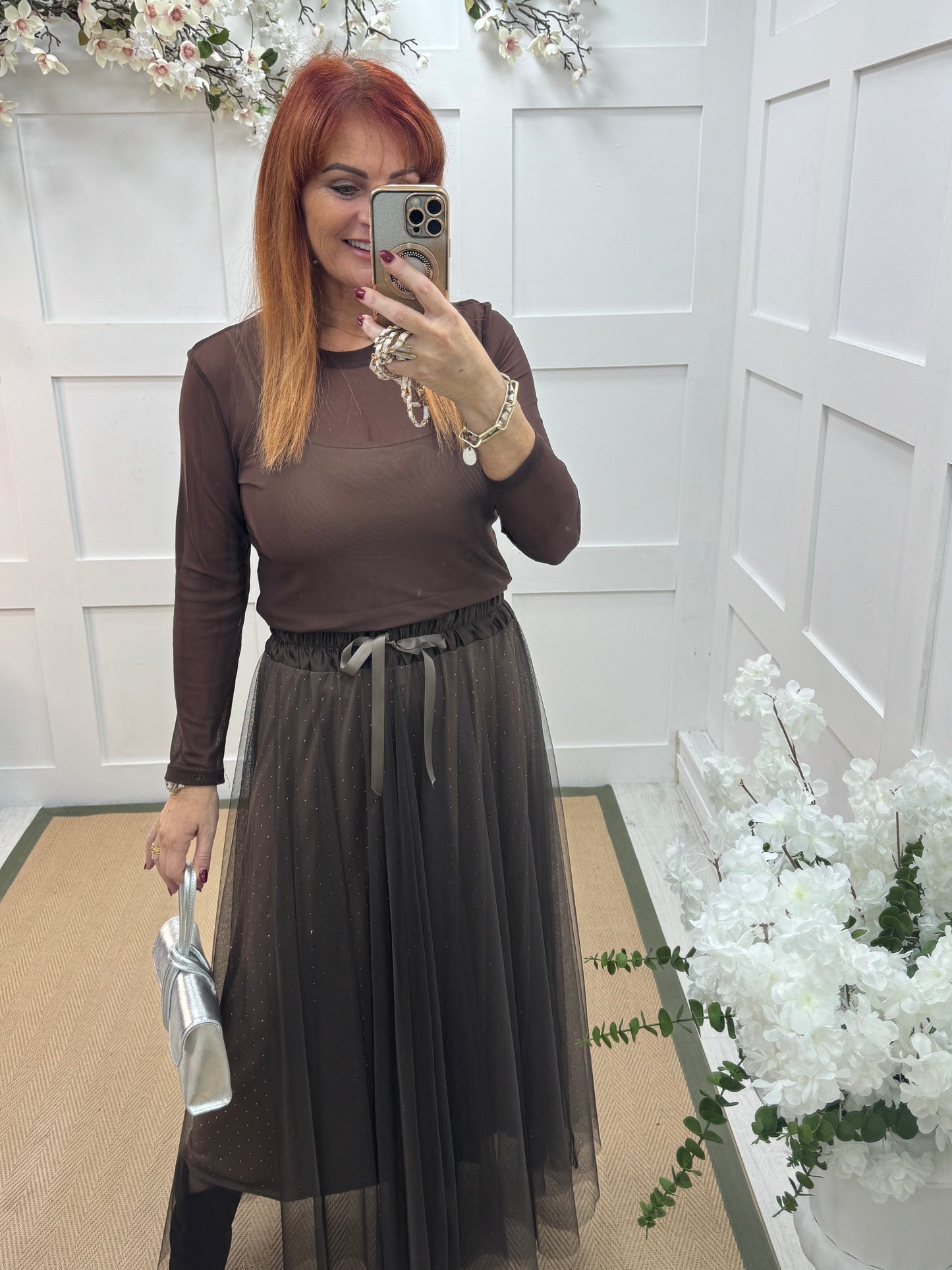 Linzi: Brown diamanté tulle net skirt. One size 12-18