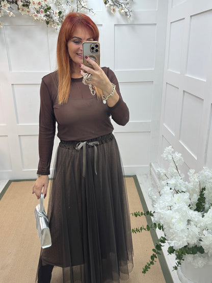 Linzi: Brown diamanté tulle net skirt. One size 12-18
