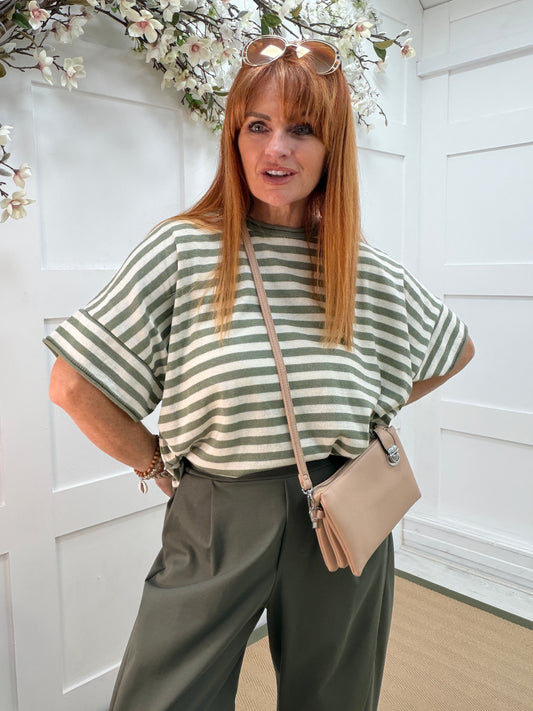 Suki: Short sleeve stripe knit top. One size: 12-18. 2 colours