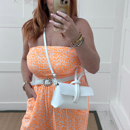 Alexis: White leather loop handle cross body/clutch bag.