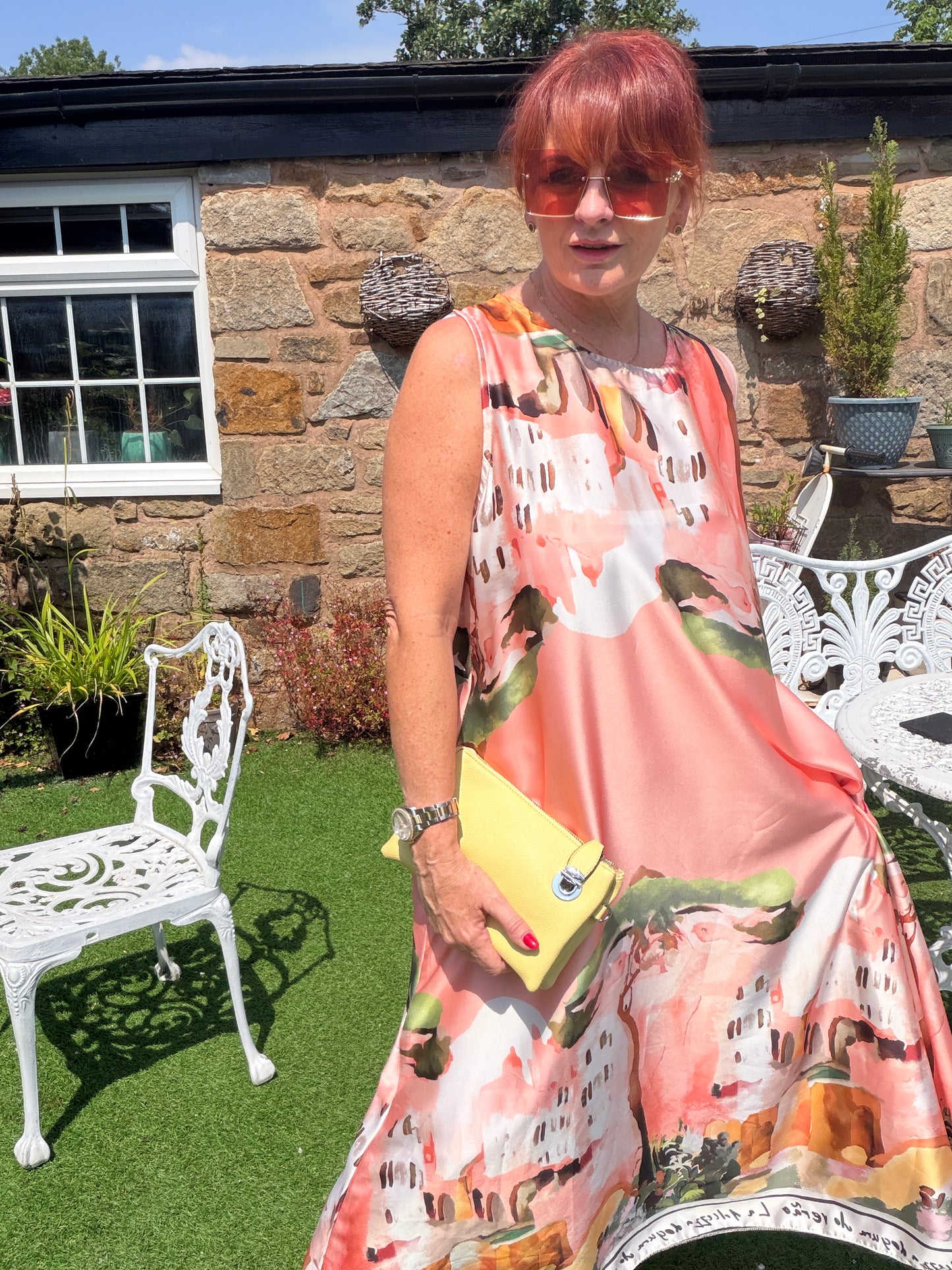 Amida : Amalfi scene sleeveless dress with pockets. One size 14-20. 2 colours