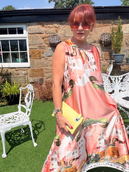 Amida : Amalfi scene sleeveless dress with pockets. One size 14-20. 2 colours
