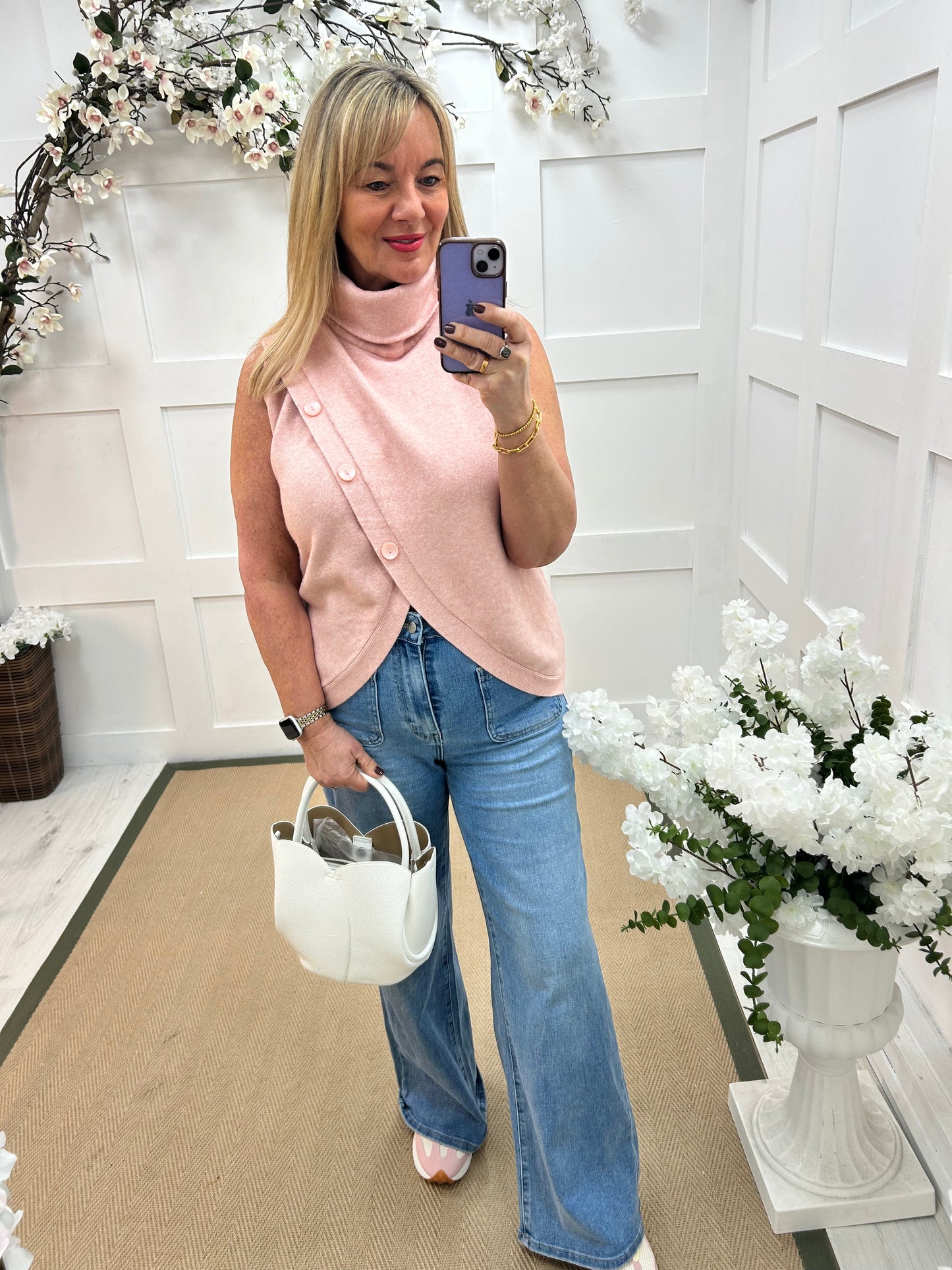 Carmen: Pink sleeveless cowl neck wrap top. One Sz: 10- 16