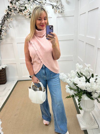 Carmen: Pink sleeveless cowl neck wrap top. One Sz: 10- 16