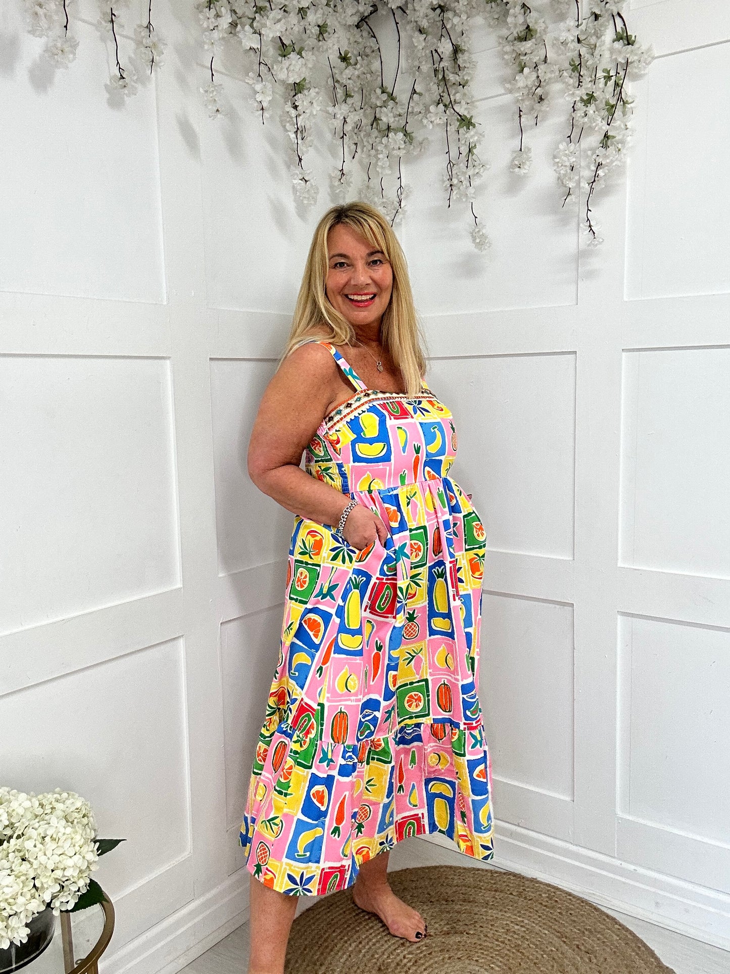 Amelia: Fruit print & embroidered pocket dress. 3 sizes