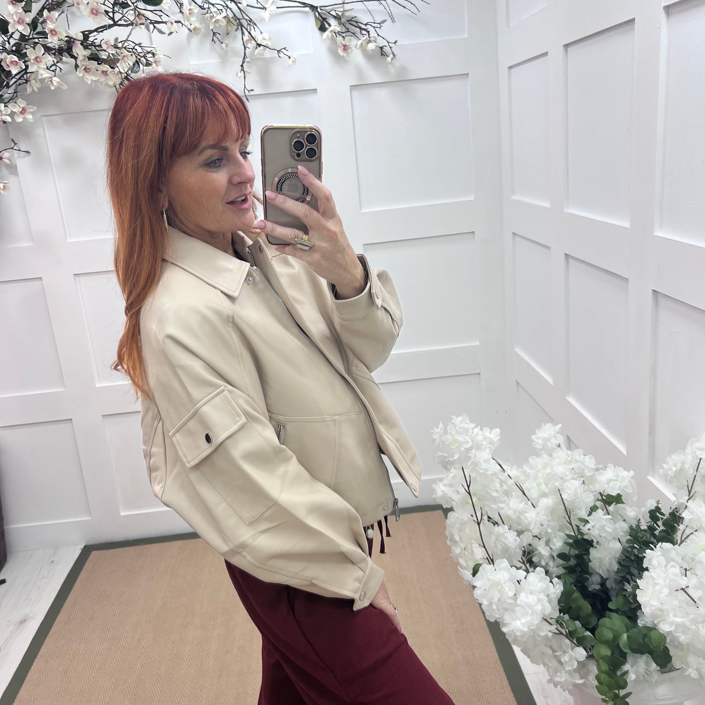 Bobbie: Cream oversized faux leather bomber jacket. 2 sizes