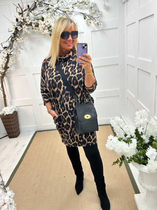 Verna: Stretchy leopard print tunic dress. 3 sizes